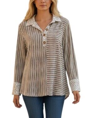 Multiples Fall Contrasting Pattern Polo Style Long Sleeve Bouse